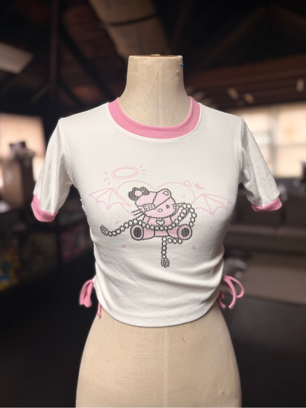 Glitsy Pink White Y2K Baby Tee Size S Side Tie Graphic Top